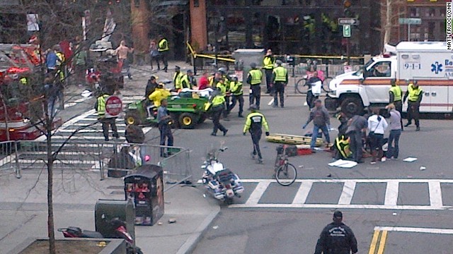 At least two explosions rocked the finish line at the Boston Marathon on Monday afternoon.